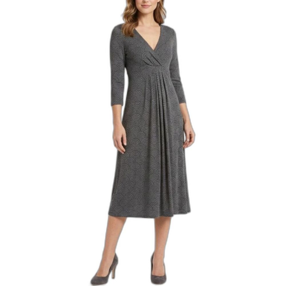 Boden Women's Gray Scallop Print V-Neck Empire Waist Midi Dress Size 8L
